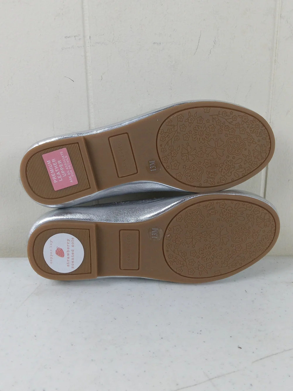Copper Key Leather Silver Ballet Flats - Cushioned Slip-On Girls Shoes Size 13M